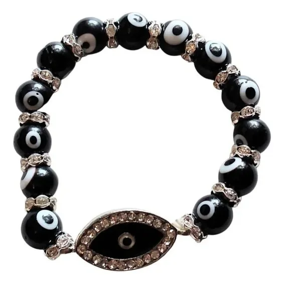 Crystal & Black Beaded Evil Eye Sliver Plated Bracelet - Picture 1 of 7